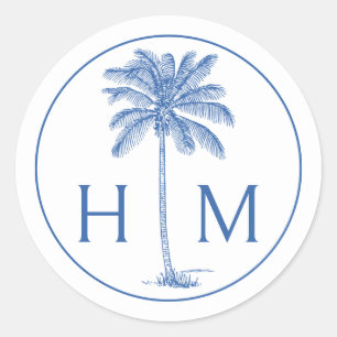 Sticker Rond Palmier bleu et blanc Monogramme de palmier