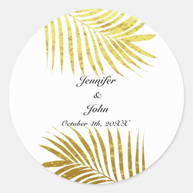 Sticker Rond Palmier Foliage or Feuille Mariage blanc (Devant)