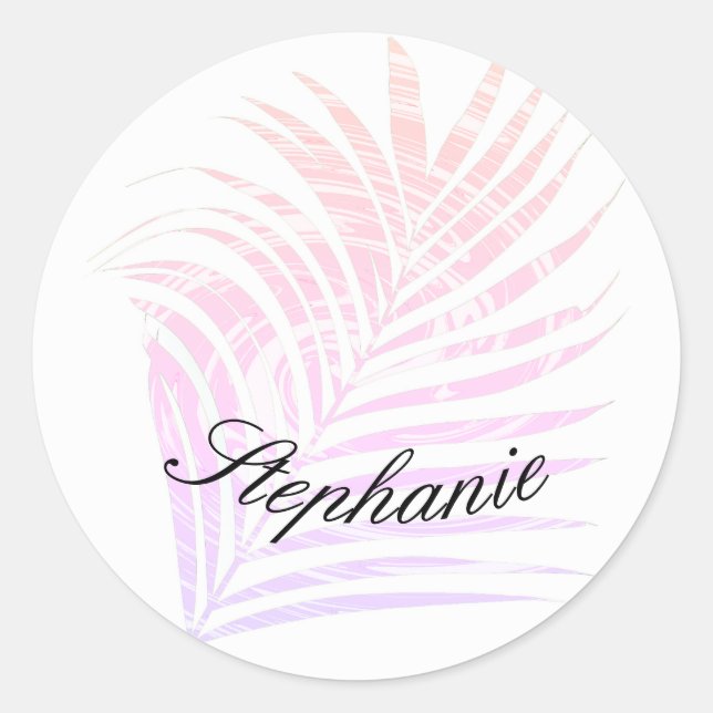 Sticker Rond Palmier Motifs Tropicaux Rose Nom Personnalisé (Devant)