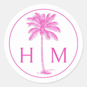 Sticker Rond Palmier rose et blanc Palmier Monogramme