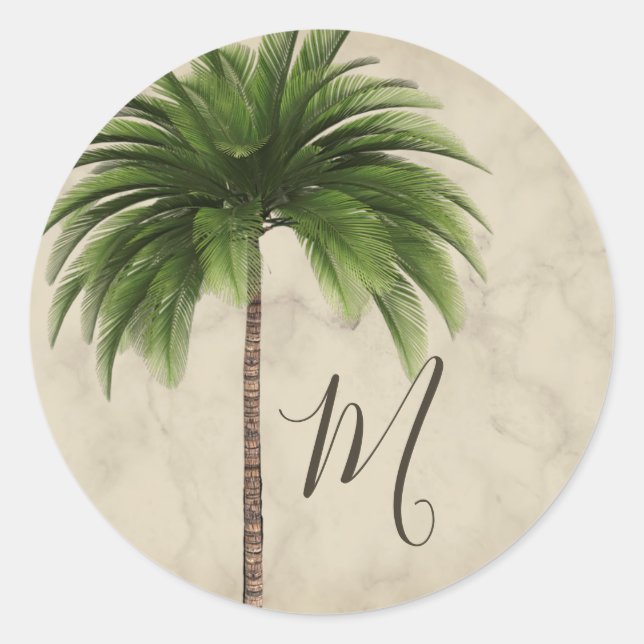 Sticker Rond Palmier Tropical élégant Monogramme Marbré (Devant)