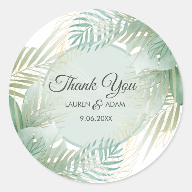 Sticker Rond Palmier Tropical Foliage Merci Mariage Faveur (Devant)