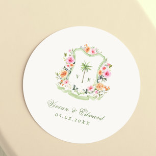 Sticker Rond Palmier tropical Monogramme Mariage d'été sur la p