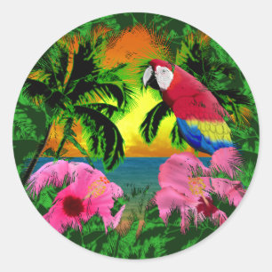 Sticker Rond Palmiers Et Couchers De Soleil Sur L'Île