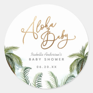 Sticker Rond Palmiers Tropical Gold Script Aloha Baby shower
