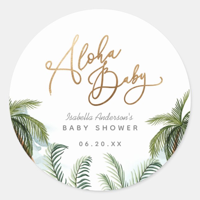 Sticker Rond Palmiers Tropical Gold Script Aloha Baby shower (Devant)