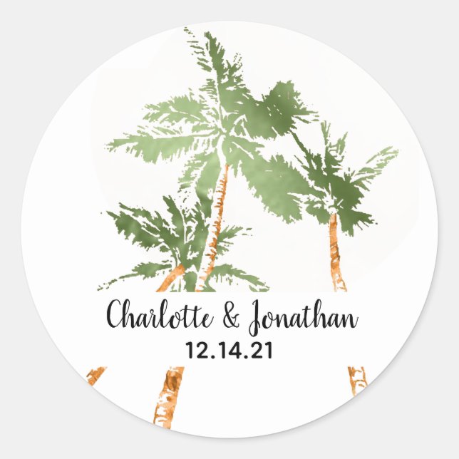 Sticker Rond Palmiers tropicaux Mariage Lettré à la main (Devant)