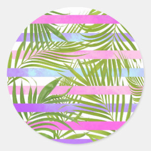 Sticker Rond Palmiers tropicaux modernes violets roses rayures