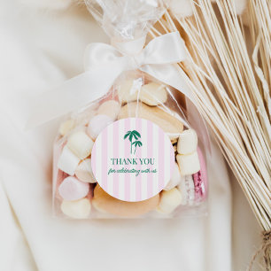 Sticker Rond Palmiers verts bandes roses