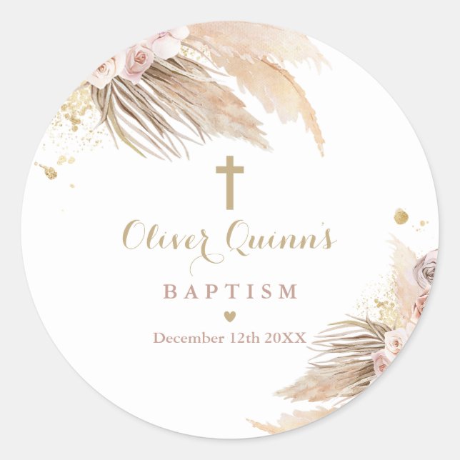 Sticker Rond Pampas Grass Baptême Bohémien Baptême Christening  (Devant)