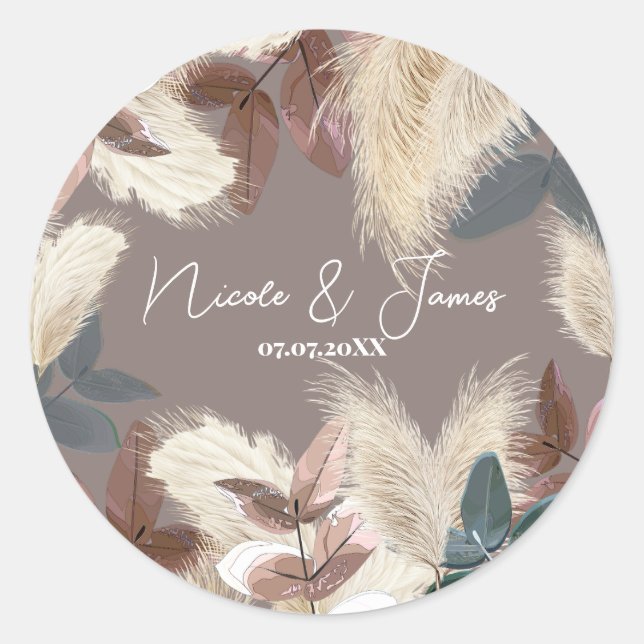 Sticker Rond Pampas Grass et Feuille Mariage de la terre bohème (Devant)