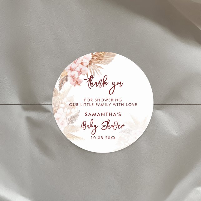 Sticker Rond Pampas Grass Script Baby shower fille (Pampas Grass Script Terracotta Thank You Classic Round Sticker)