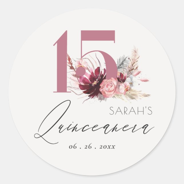 Sticker Rond Pampas rose Floral Grass Quinceanera 15e anniversa (Devant)