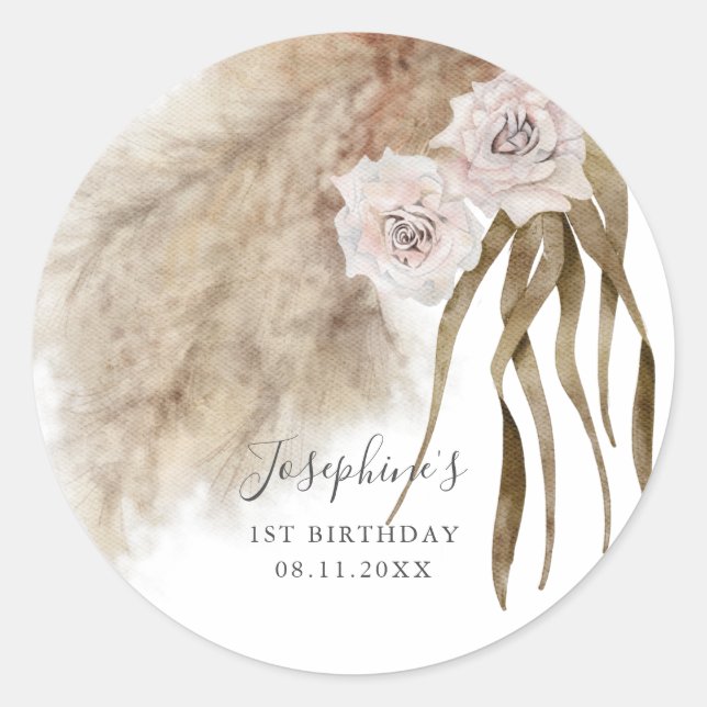Sticker Rond Pampas rose Grass Girl Anniversaire (Devant)