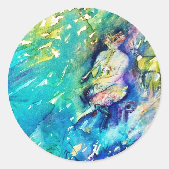 STICKER ROND PAN JOUER FLUTE ET CERF EN BOIS VERT (Devant)