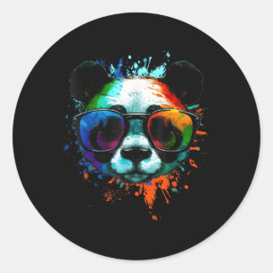 Sticker Rond Panda Avec Lunettes De Soleil Avec Bouffées D'Encr