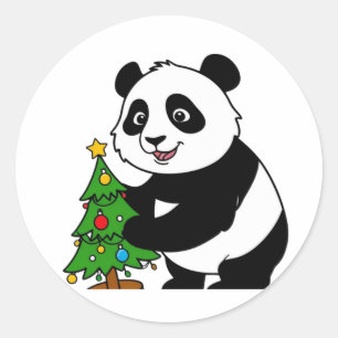 Sticker Rond Panda bébé avec arbre de Noël