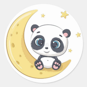 Sticker Rond Panda Bébé Sur La Lune 