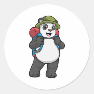 Sticker Rond Panda comme randonneur avec sac à dos
