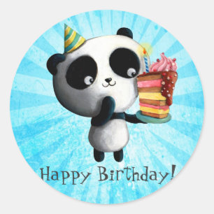 Sticker Rond Panda d'anniversaire mignonne avec gâteau