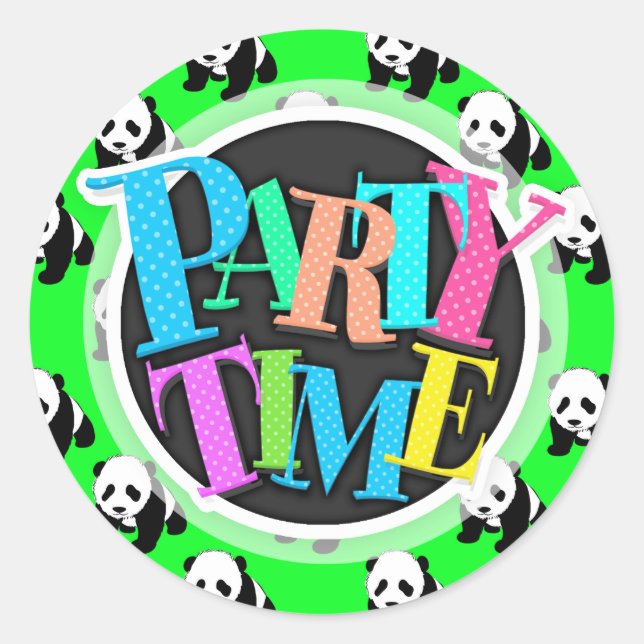 Sticker Rond Panda mignonne ; Vert néon, noir et blanc (Devant)