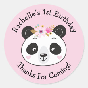 Sticker Rond Panda rose mignonne Visage 1er fête d'anniversaire