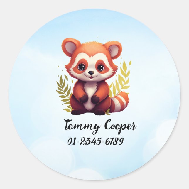 Sticker Rond Panda rouge mignon, Nom, Numéro de téléphone (Devant)