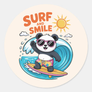 Sticker Rond Panda Surf Sourire Enfant Été