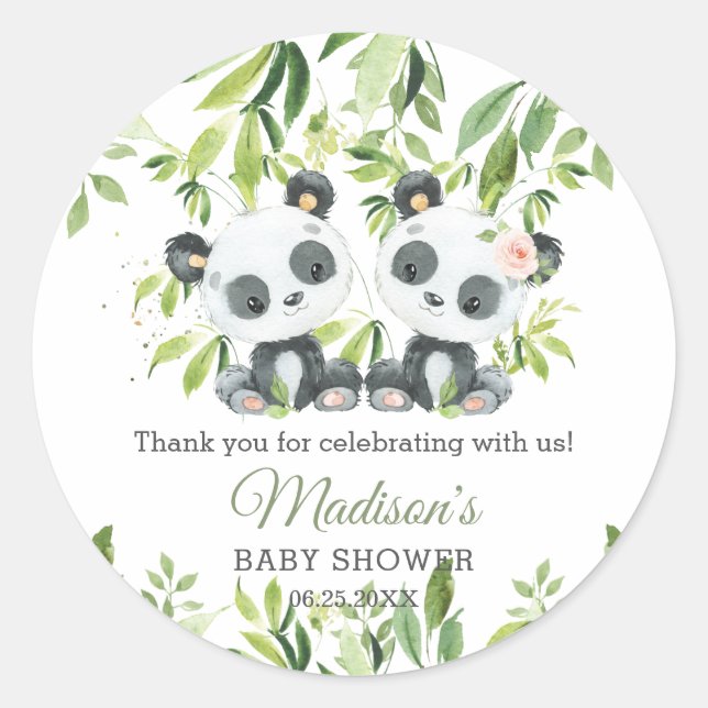Sticker Rond Pandas Bamboo Verdure Twin Boy Baby shower fille (Devant)