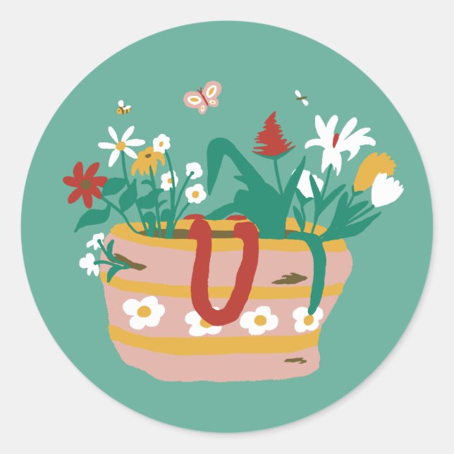 Sticker Rond Panier à fleurs - sur vert moyen. (Devant)