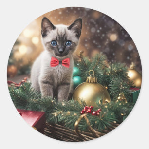 Sticker Rond Panier cadeau Kitten Joli Noël Joyeux Fêtes