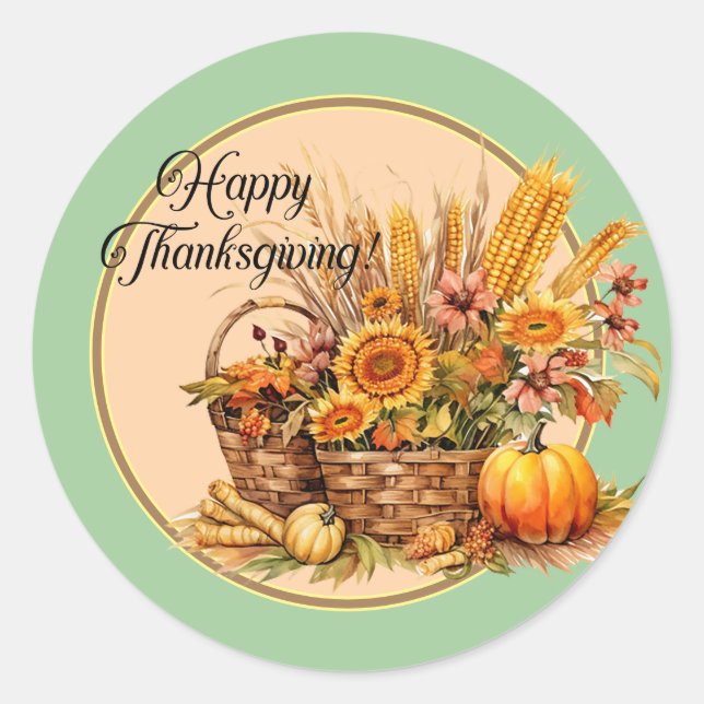 Sticker Rond Panier d'automne, Fleurs, Citrouilles, Maïs Thanks (Devant)