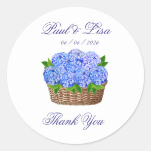 Sticker Rond Panier de fleurs d'hortensia bleu Monogramme Maria