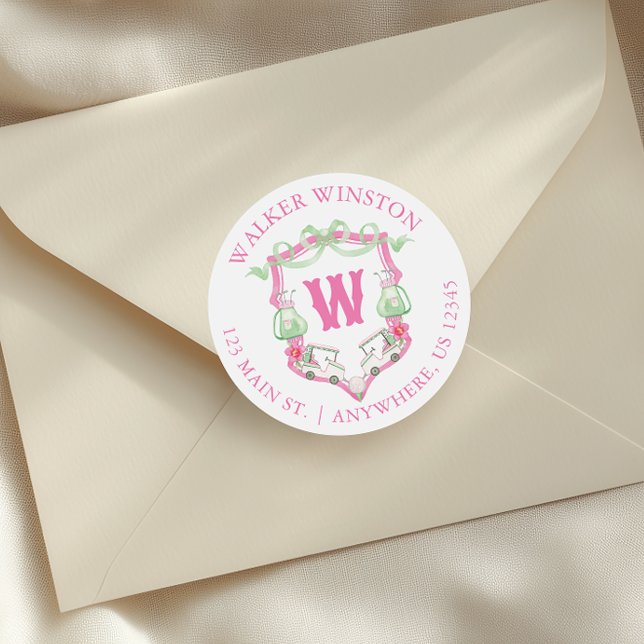 Sticker Rond Panier de golf rose et vert Monogram Crest Adresse (Créateur téléchargé)