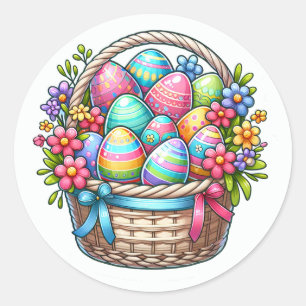 Sticker Rond Panier de Pâques mignon de feuilles d'œufs