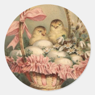 Sticker Rond Panier de Pâques Œuf Poussin Ruban Rose