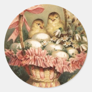 STICKER ROND PANIER ÉLÉGANT, POULET, FLEURS ET OEUFS DE PÂQUES
