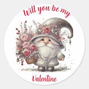 Sticker Rond Panier floral rétro moderne mignon gnome valentin