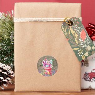 Sticker Rond Panier rouge, Fleurs aquarelles, Journal Vintage