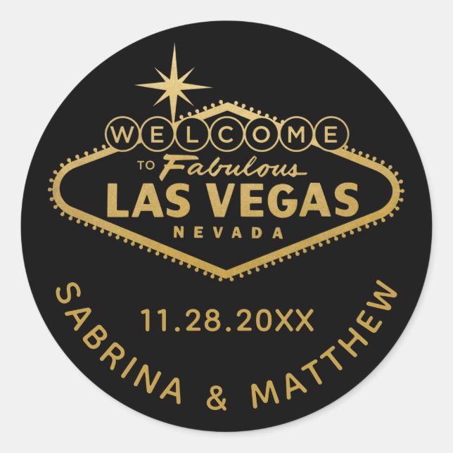 Sticker Rond Panneau Bienvenue à Vegas Noir avec Or (Devant)