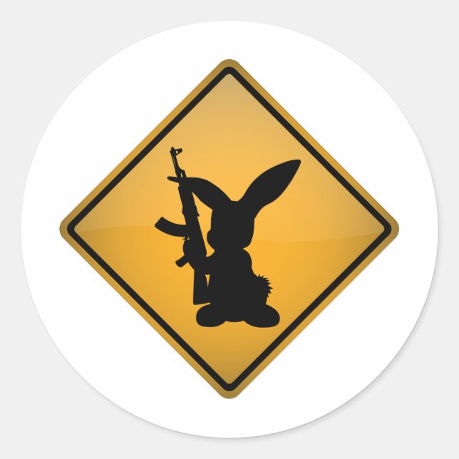 Sticker Rond Panneau d'avertissement Rabbit avec pistolet (Devant)