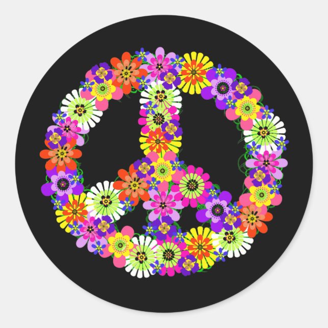 Sticker Rond Panneau de paix Floral sur noir (Devant)