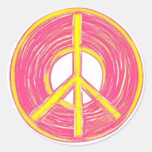 Sticker Rond Panneau de paix rose et jaune personnalisable