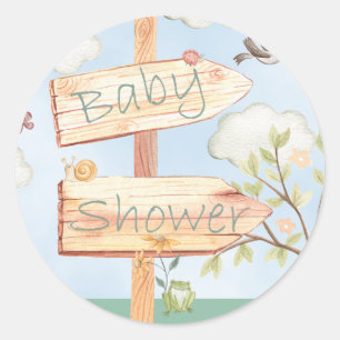 Sticker Rond Panneau en bois de Baby Shower mignon & Animaux