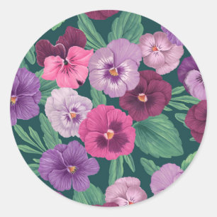 Sticker Rond Pansies colorées sur bleu vert foncé