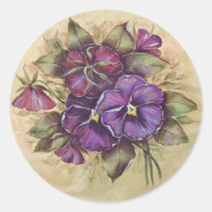 Sticker Rond Pansies violettes peintes à la main