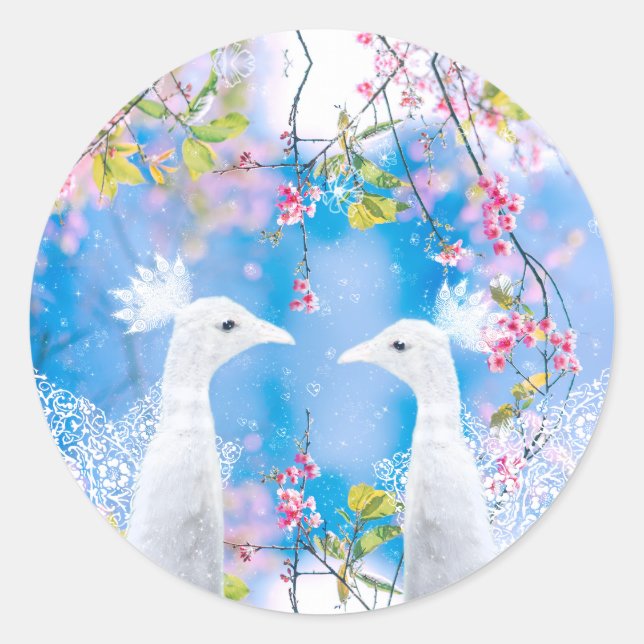 Sticker Rond Paon blanc et sakura en fleurs / Amour romantique  (Devant)