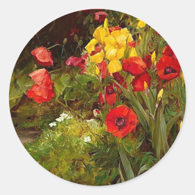 Sticker Rond Papes et Irises, peinture d'art (Devant)
