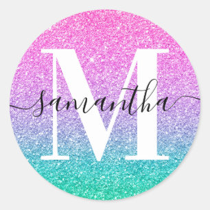 Sticker Rond Papier à Lettre Monogramme Rose Violet Jade Ombre