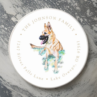 Sticker Rond Papier aquarelle Berger Allemand Malinois Adresse 